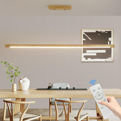 Mikeru Lineare Pendelleuchte Kücheninsel Pendelleuchte In Original Holz Farbe, 100CM Modernes Billardtisch Insel Licht Küche Esszimmer Dimmbares Holz Licht Aufgehängt 150cm Höhe Verstellbar