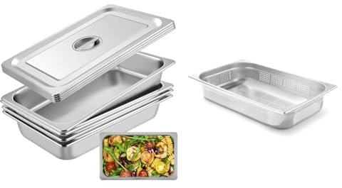 VEVOR Bac Inox Alimentaire Lot de 4 Plats à Four en Acier Inoxydable 13L Épaisseur 0,8mm & HENDI Bac Gastronorme, GN 1/1, avec côtés et fond perforés, récipient GN, empilable, bords lisses