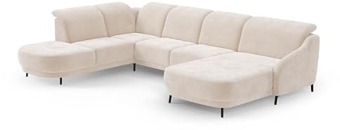 Cavadore Wohnlandschaft Blue, Sofalandschaft mit Longchair im modernen Design, inkl. kopfteilverstellung, Vorziehsitz motorisch, Klapptisch, mattschwarzen Metallfüßen, 356 x93 x 249, Mikrofaser, Beige