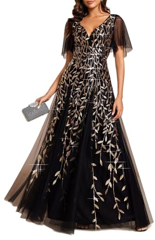 Ever-Pretty Damen A-Linie Abendkleider V-Ausschnitt Romantisches Kurze Ärmel Elegant Partykleid Lang 00736