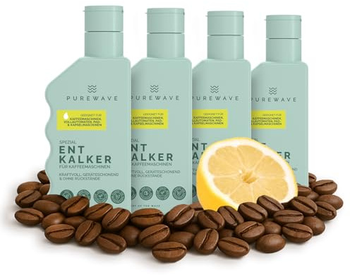 PUREWAVE Spezialentkalker für Kaffeemaschinen – Natürlicher Entkalker für effektive Entkalkung, Vegan, Verlängert die Lebensdauer Ihrer Maschine, Für alle Kaffeemaschinen geeignet, 250 ml (4 Pack)
