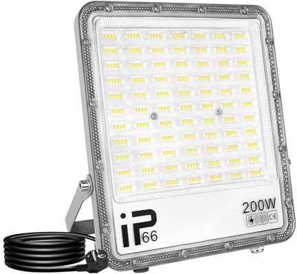 RIGIDON 200W Projecteur d'extérieur Led Avec Prise EU, 20000LM Blanc Luminaire, IP66 étanche Éclairage de Sécurité Extérieur, Projecteur led lampe de Patio Garage Terrasse Jardin Chantier (1.5M Fil)