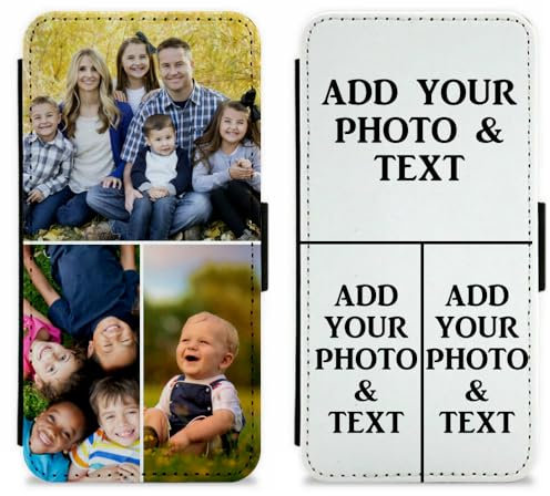 EKAM Personalised Case For iPhone 17, 16, 15, 14, Pro, Max, Plus 13, 12, 11, X, XS, XR, SE, 8, 7 - Custom Photo/Image Collage Layout Design on PU Leather Wallet Magnetic Flip Folio Cover (3 Images)