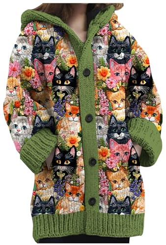 Sunnyuk Norweger Strickjacke Damen Winter Grobstrick mit Kapuze Cardigan - Alpaka Bunt Lang Strickpullover Kapuzenjacke Knöpfen Mohair Jacquard Sweatshirt Warm Grobstrickpullover