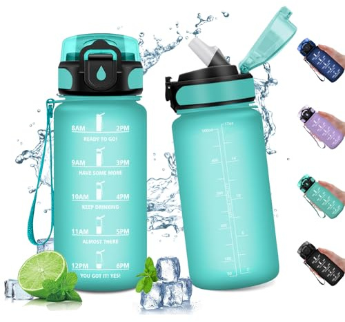 Borraccia 500ml, Bottiglia con Cannuccia, Bottiglia a Prova di Perdite, Bottiglia Plastica Riutilizzabile, Borraccia Sportiva con Indicatore del Tempo Motivazionale, Borracce per Scuola, Bambini