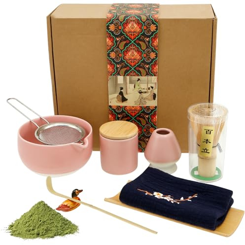 Matcha Set 9 Stück Elegantes Tee-Set mit Schale und Besen Teelöffel Sieb & Halter Geschirrtuch Puderbox Japanisches Zubehör für