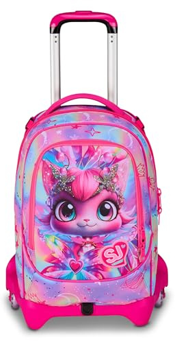 SJ GANG STYLE JAM GANG Trolley Scuola Jack 3 Ruote Cat Led, Fucsia, 3 in 1, Zaino Triplo Uso con Carrello Sganciabile, 33 L, Zaino Scuola Elementare, Zaino Bambina