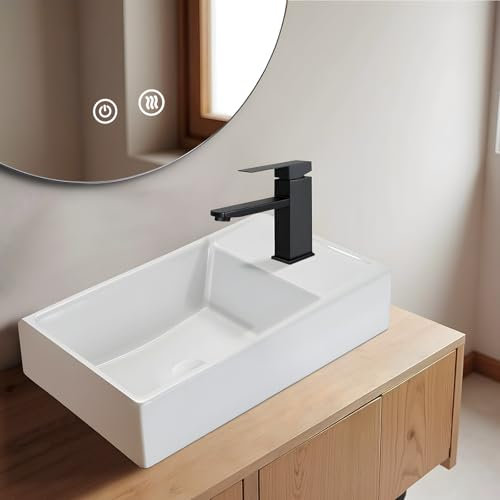 Mursche Lavabo da appoggio per il bagno, in ceramica, rettangolare, con foro per rubinetto, montaggio a parete