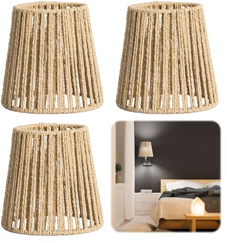 3 Stück Lampenschirm Boho, E27 Naturales Rattan Lampenschirm für Hängelampe & Stehlampe, Lampenschirm Rattan mit Korbgeflecht Design, Ersatzschirm für Deckenleuchte, Lampenschirm Hängelampe Ø 14cm