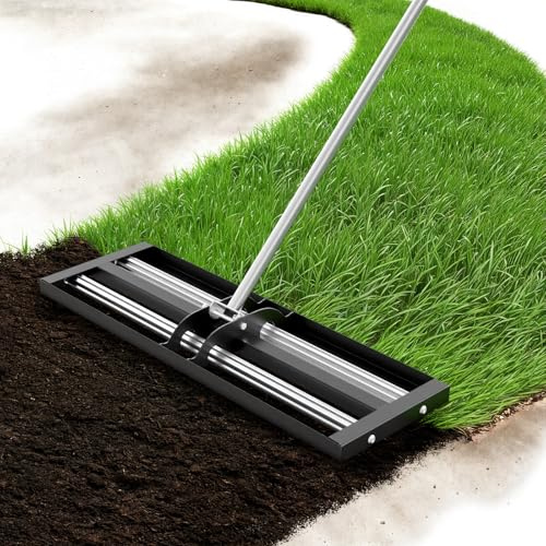 Warmiehomy Râteau de nivellement de pelouse 76 x 25 cm, plateau de sol, niveleur de pelouse pour jardinage avec poignée réglable de 213 cm et barre de roulement, râteau de jardin robuste pour sol