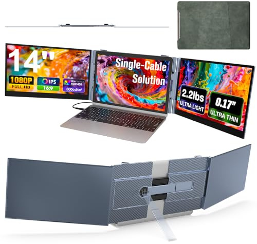 SMISEACOW Tragbarer Monitor für Laptop, superdünn und leicht, 14 Zoll FHD 1080P S8 Ultra Dual Tragbarer Monitor-Treiber über ein Kabel, Plug & Play für 13-17 Zoll Laptop, kompatibel mit Wins/Mac/Linux