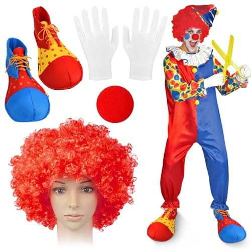 Hpbaggy 4 Pezzi Accessori Costume Clown, Costume da Pagliaccio Set per Adulti, Parrucca Riccia da Clown, Naso da Pagliaccio, Scarpe da Clown, Guanti Bianchi, per Halloween Cosplay Carnevale