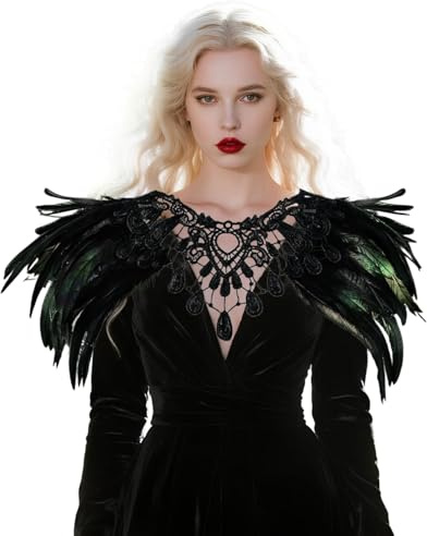 Shyllin Negro Capa de Plumas, Gótico Capa de Plumas, Victoriano Chal, Negro Mantón Pluma, Victoriano Cuello, Mujer Gótico Cuello, Encaje Chal Pluma para Halloween, Carnaval, Cosplay, Fiesta (A)