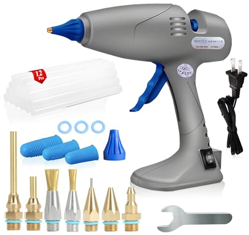MONVICT Pistolet à colle thermofusible avec 7 buses en cuivre, 3 protège-doigts en silicone, 12 bâtons de colle double commutation de température, cordon amovible filaire utilisant une base debout