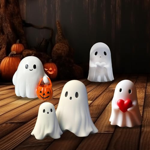 Flanliy Halloween Deko Geister Figuren, 4 Stück Geister Statue, Lustige Geist Figuren aus Harz für Halloween Deko Innen, Tischdeko, Party Zubehör (A)