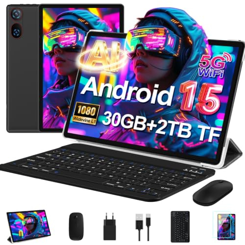 Tablette 10 Pouces Android 15 Avec 30 Go RAM + 2 To ROM Ext, Widevine L1 | FHD Tablette Tactile Avec Clavier et Souris, 8 Cœurs, 6000mAh, 5G Wi-Fi, GPS, USB-C, BT 5.0, Gemini AI, Noir