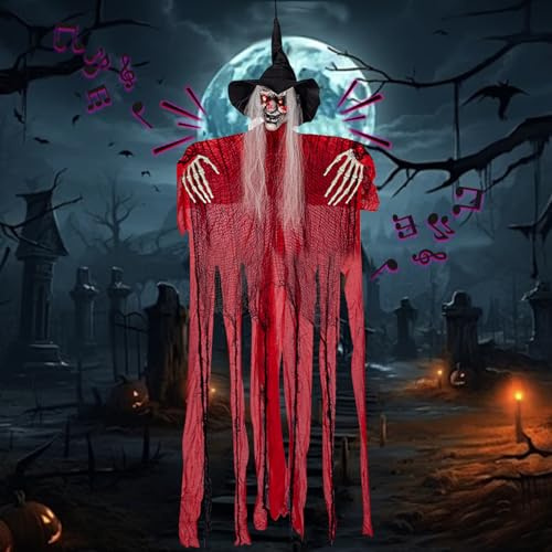 Vartegas Hexe Halloween Deko Outdoor Animiert, 170cm Halloween Deko Garten Figuren Lebensgroß Animiert, mit Sound & LED-Blitz Augen, Gruselig Hängende Halloweendeko Hexe, für Outdoor Party Kostüm