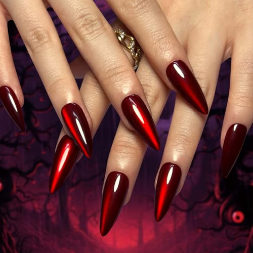 Cat Eye Kunstnägel zum Aufkleben, Rot Press on Nails Halloween 30 Stück, Halloween Nägel mit Nagelkleber, Acryl Full Cover Red Lang Nägel zum Aufkleben, Fake Nails Crystal Artificial Fingernails