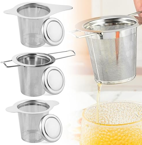 3 x tesil för löst te av rostfritt stål, tefilter för te med lock och sil, fin tesil med vikbara handtag teägg för tekanna kopp mugg, diskmaskinssäker