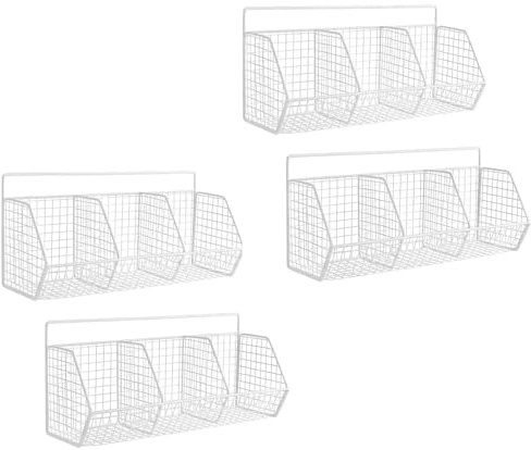 4PCS Wall-Mounted Hanging Kitchen Baskets White Metal Wire Baskets with 3 Sections Wire Shelf No Drilling Adhesive Kitchens Storage Basket for Shower Kitchen