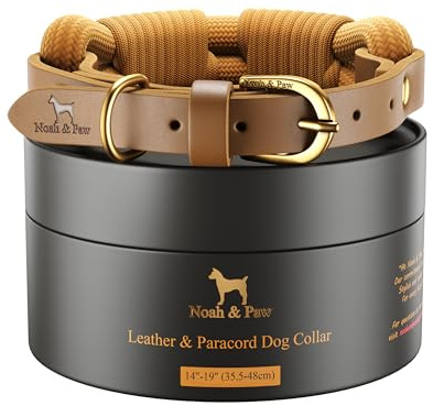 NOAH & PAW Dog Collar for Medium Dogs, Genuine Leather Medium Dog Collar with Paracord, Heavy Duty Metal Buckle, Unisex Colors for Girl and Boy, Neck Size 14-19 (Camel).