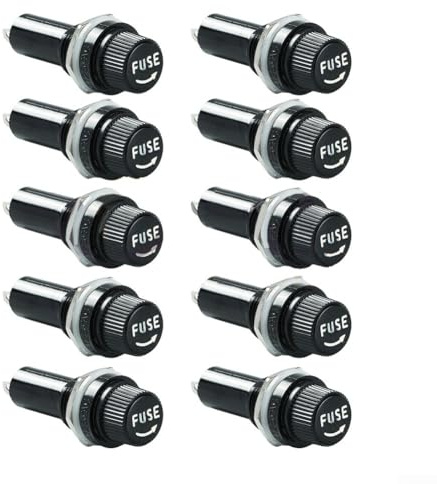 Sicherungshalter für 5 x 20 mm Glassicherungen, 10 A, 250 V, mittlere Geschwindigkeit, M-bewertet, Hochtemperaturmutter, Lötfahne und Schraube (5 x 20 mm), Schwarz, 10 Stück