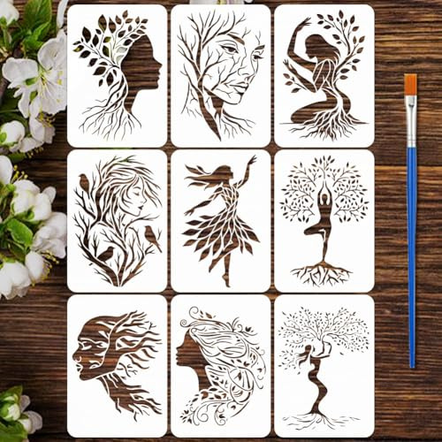 FINGERINSPIRE 9 Stück Mal Schablone Frau Und Baum Mit Pinsel 29.7x21cm 9 wiederverwendbare Schablonen Lebensbaum Frau Kunst Schablone Frauensilhouette Für Holz Wände DIY Bastelarbeiten Heimdekoration