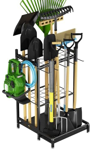 Portautensili da giardino in metallo resistente, con ganci, robusto supporto per attrezzi con manico lungo, scopa, pala, rastrello, porta attrezzi da esterno e da cortile