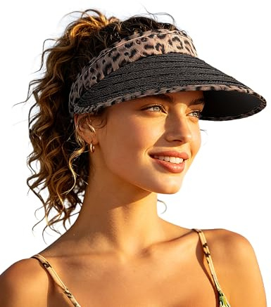 Clakllie Sommer Sun Visor Cap Damen UV-Schutz Stroh Sonnenhut mit Breiter Krempe Leopard Sonnenschild Outdoor Sport Golf Tenniskappe