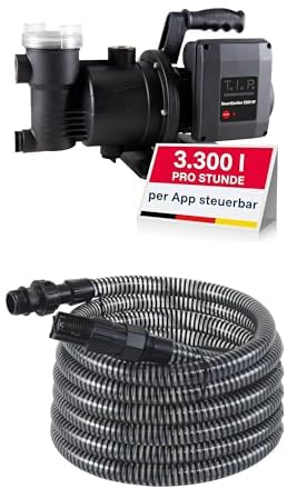 T.I.P. Smarte Gartenpumpe 3.300l/h 46m Förderhöhe, Jet-Gartenpumpe, integrierter Vorfilter, SmartGarden 3500 KF, 30151 + T.I.P. 31012 Saugschlauch - Ansaugschlauchgarnitur 7 m