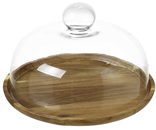 MyGift 8 Inch Clear Glass Dessert Cake Plate & Cheese Cloche Dome with Acacia Wood Serving Tray