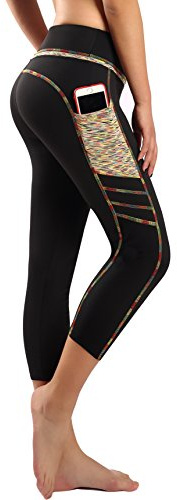 Flatik sportleggings dam med fickor, dam ogenomskinliga yogabyxor sportbyxor leggings träningsbyxor sportbyxor träning löpande leggings, Regnbåge/svart (3/4 Capri), L