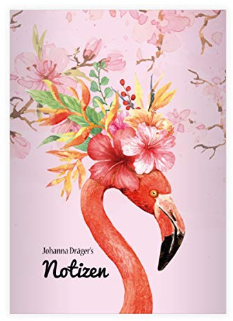 8 personalisierte Schicke Flamingo DIN A4 Schulhefte, Schreibhefte mit üppigen Kischblüten, rosa Lineatur 27 (liniertes Heft 16 Blatt/32 Seiten) Notizheft, Kladde für Schule, Universität, Büro