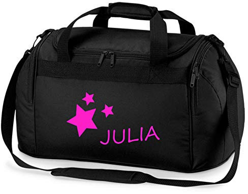 Kindersporttasche Junge & Mädchen | Motiv Sterne & Namen-sdruck personalisiert & Bedruckt | Reisetasche Sporttasche mit Namen Kindertasche Tragetasche zum Umhängen für Kinder (schwarz)