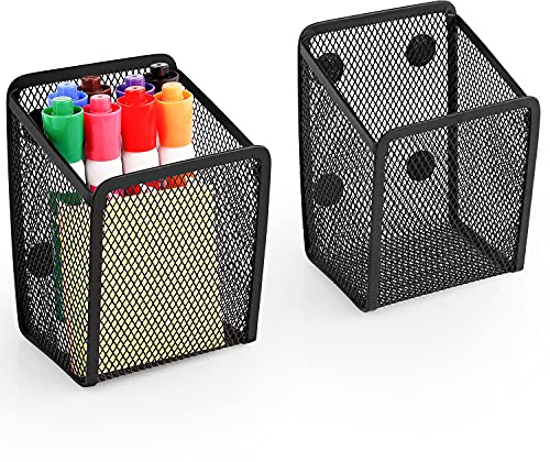 Ameceres Magnetic Pencil Holder - Extra Strong Magnets Mesh Marker Holder Perfect for Whiteboard, Refrigerator and Locker Accessories (1 Basket, 2 Packs Black)