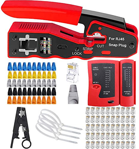 MAYLINEE CAT5/CAT6/CAT7 Crimpstecker Kabel Netzwerk Werkzeug Set, RJ45/RJ11/RJ12 Crimp professionelles Crimpzange Tester Werkzeug, Enddurchgangsstecker(Rot)
