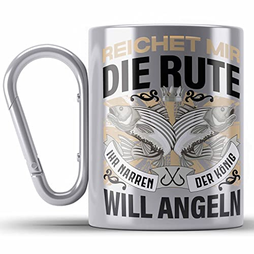 Trendation - Angler Edelstahl Tasse Karabiner Geschenk Männer Spruch Lustig für Fischer Geschenkidee Angeln Fischen (Silber)