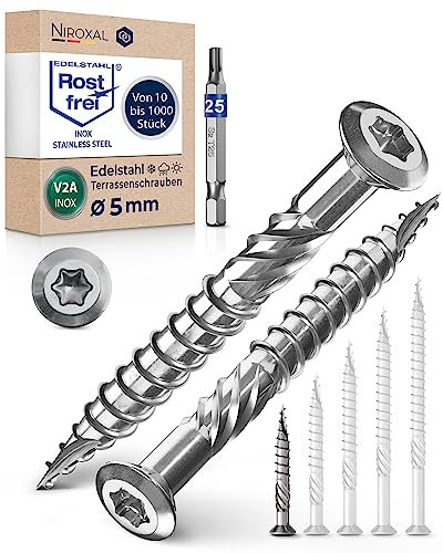 Torx Lot de 500 vis à bois et 1 embout hexagonal correspondant, pour terrasse, 5 x 40 mm, en acier inoxydable A2, avec tête bombée, encoche de coupe et nervures d’épluchage pour bois, 40 mm de long