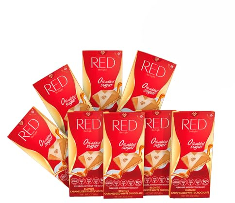 Red Delight Caramelized White Chocolate Bars - Pack of 8 - Full-Size Chocolate Treats - No Added Sugar, Lower Calorie, Reduced Fat Recipe
