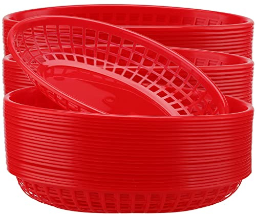 HOZEON 60 Stück 21,6 x 14,9 cm rote Fast-Food-Körbe, Kunststoff-Servierkörbe, ovale Brot-Frittierkörbe, Delikatkörbe, Restaurant, Lebensmittelservice-Körbe für Burger, Sandwiches, Grills