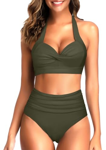 Tempt Me Women's Vintage Swimsuits Deep Green Retro Halter Ruched High Waist Bikini with Bottom XS