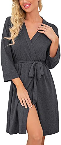 PrinStory Bademantel Für Damen Leichter 3/4 Ärmeln Morgenmantel Kimono Roben Kurz Nachtwäsche