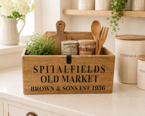 VCrafts Wooden Crate Storage Box Spitalfields Old Market Design Fruits Eggs Condiments Organiser Ideal For Home, Kitchen, Restaurant - Brown