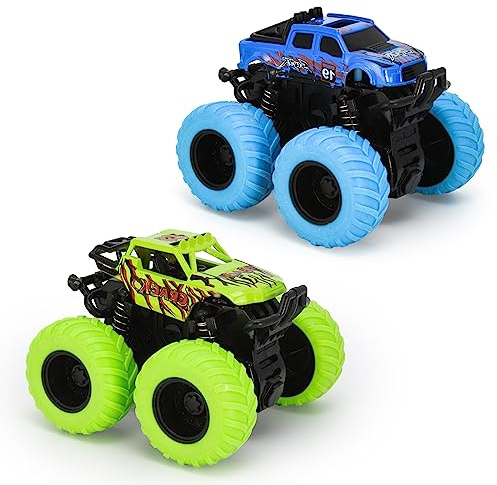 Lot de 2 Voitures de Jouet, Monster Truck pour Les Enfants à partir de 3-10 Ans, Grandes Roues en Caoutchouc 4x4 Power véhicules à inertie, 360° Stunt-Rotation, Voitures de Course Kits de Jeu, 1:60