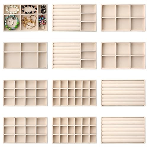 Inbagi 12 kleine Samt-Schmucktabletts, stapelbar, Schmuck-Organizer, Schubladen, unterteilte Ablagen für Ohrringe, Ringe, Brosche, Uhren, Halsketten, Armbänder, 21,6 x 12,7 x 2,5 cm
