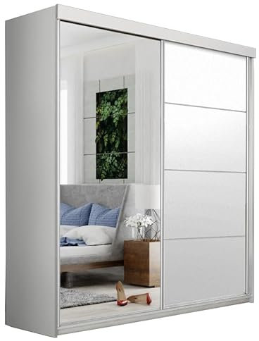 KIER FURNITURE Mehrzweckschrank TOP Plus B-23 Schiebetürenschrank - Eleganter Kleiderschrank Schrank Garderobe Spiegel - Wohnzimmerschrank Schiebetüren - Weiß 150x200x62 cm