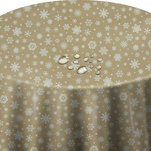 Wachstuch Wachstischdecke Tischdecke Weihnachtstischdecke Größe wählbar Weihnachten Schneeflocken Beige Rund ca. 140 cm abwaschbar