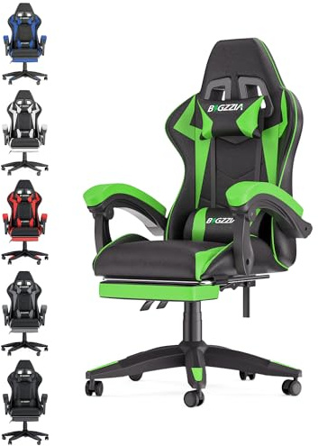 Bigzzia Gaming Stuhl, Ergonomisch Gaming Chair mit Fußstütze, PC-Stuhl Grün | Gaming Sessel mit Lendenkissen+Kopfstütze, 90–135° Rückenlehne, höhenverstellbar, Computerstuhl für Erwachsene und Jungen