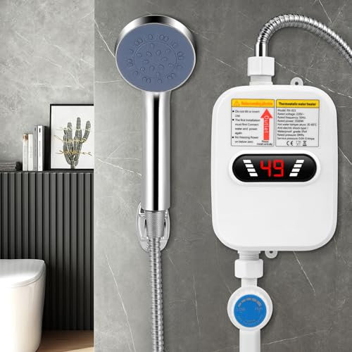 Tankless Electric Water Heater, Electric Instant Water Heater with Shower Head 3500W with LED Display, Fast Heating Bathroom Water Heater, Waterproof Ipx4