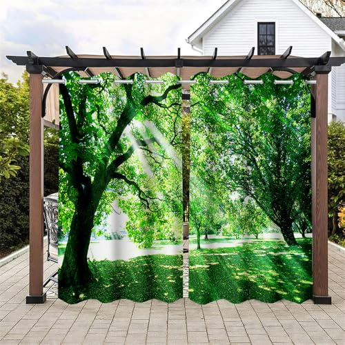 Hiseng Rideaux D'extérieur Imperméables 2 Piece Occultant Rideaux Solation Thermique Anti Chaleur Protection UV pour Pergola Jardin Tonnelle Terrasse Balcon -3D Forêt (137x243cm,Soleil)